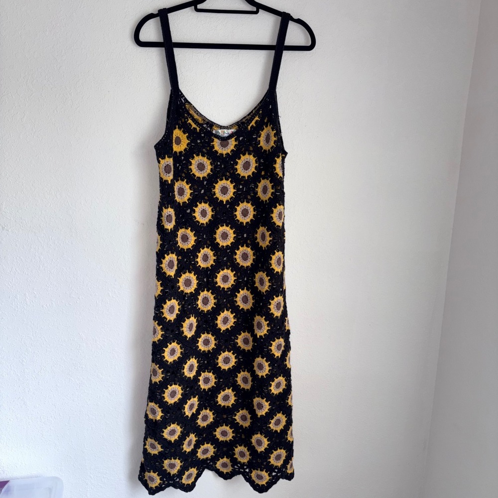 India Boutique Crochet Sunflower Midi Dress small Black  Boho Festival Knit